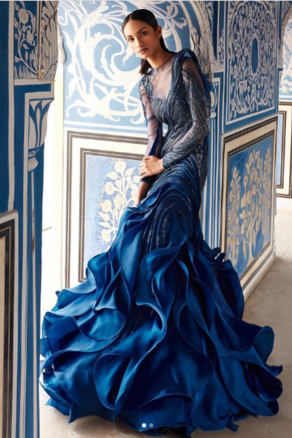 Sapphire Blue Floral Gown - VARUN CHAKKILAM - 4081827